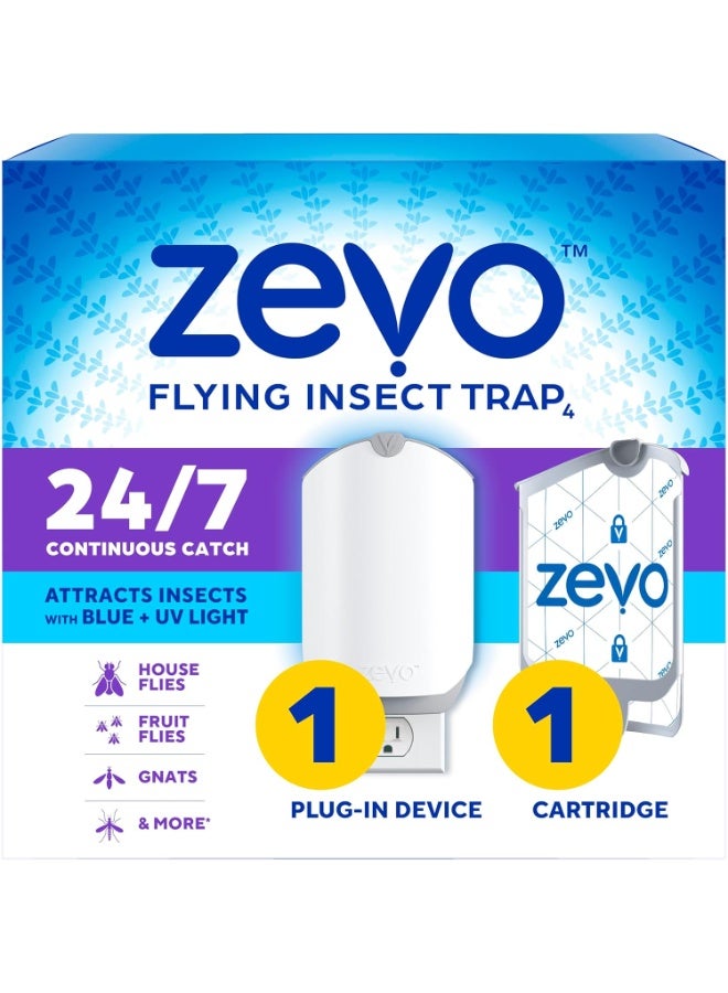 Zevo Flying Insect Trap & Cartridge - Plug in Fly Trap & Indoor Bug Catcher for Gnats, House & Fruit Flies - Mess-Free - Use in Any Room - Uses Blue & UV Light (1 Plug in Device & 1 Cartridge)